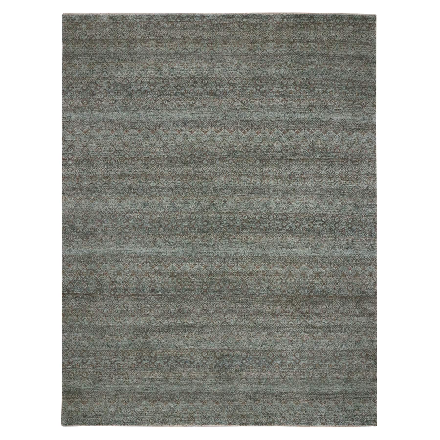 9'1"x12' Sage Green, Kohinoor Herat Pattern, Small Geometric Repetitive Diamond Design, Soft Wool, Tone on Tone, Hand Knotted, Oriental Rug 